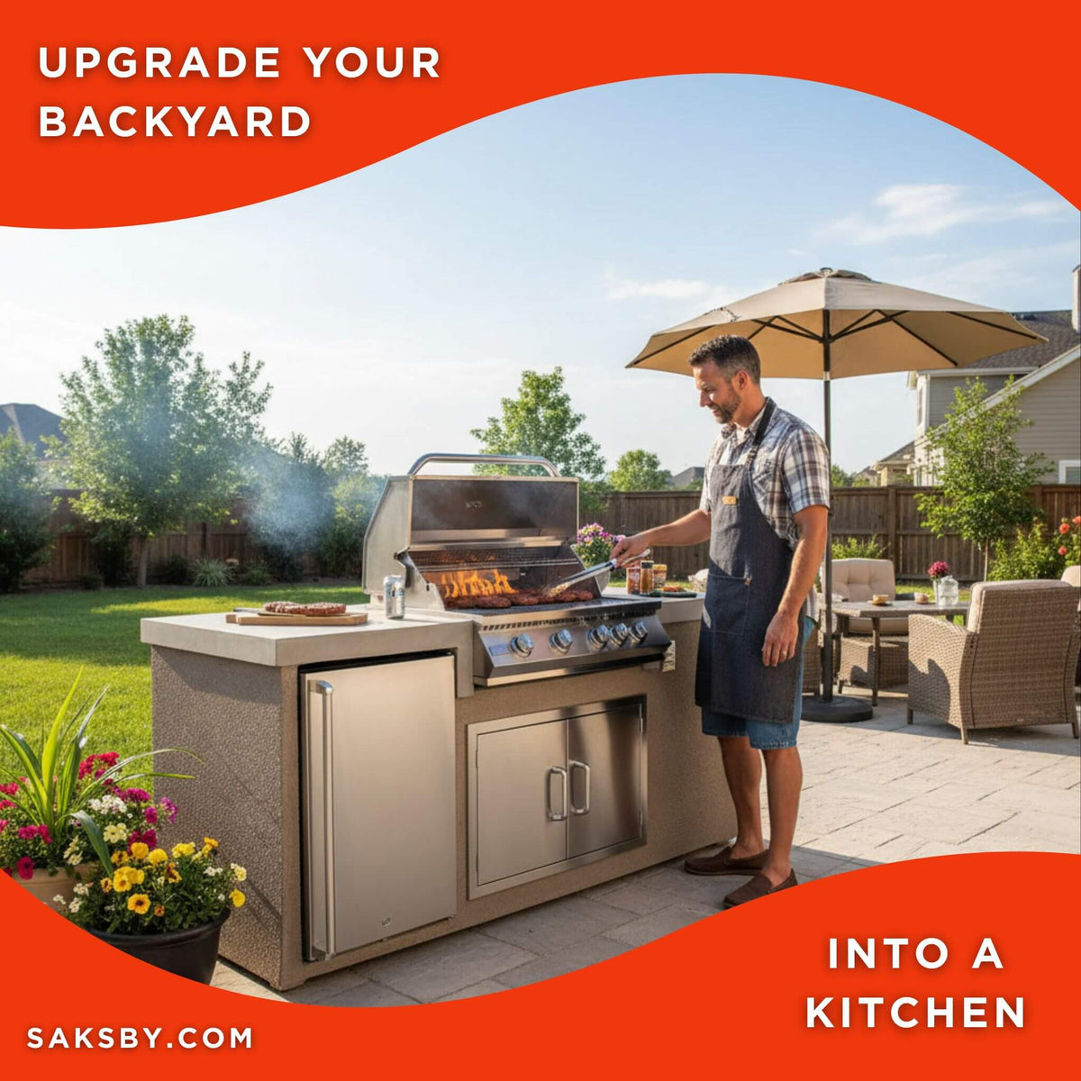 KoKoMo Grills 7FT Straight BBQ Island With Built-In BBQ And Refrigerator [Made-To-Order]