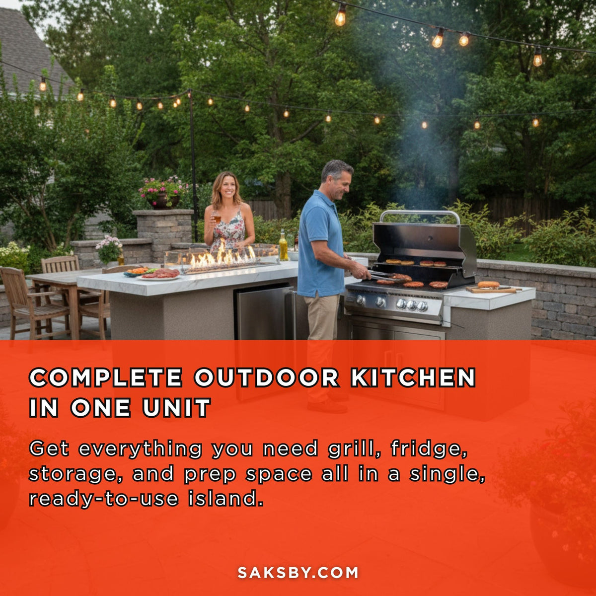 KoKoMo Grills Baja 9FT BBQ Island With LEDs, Built-In BBQ And Refrigerator