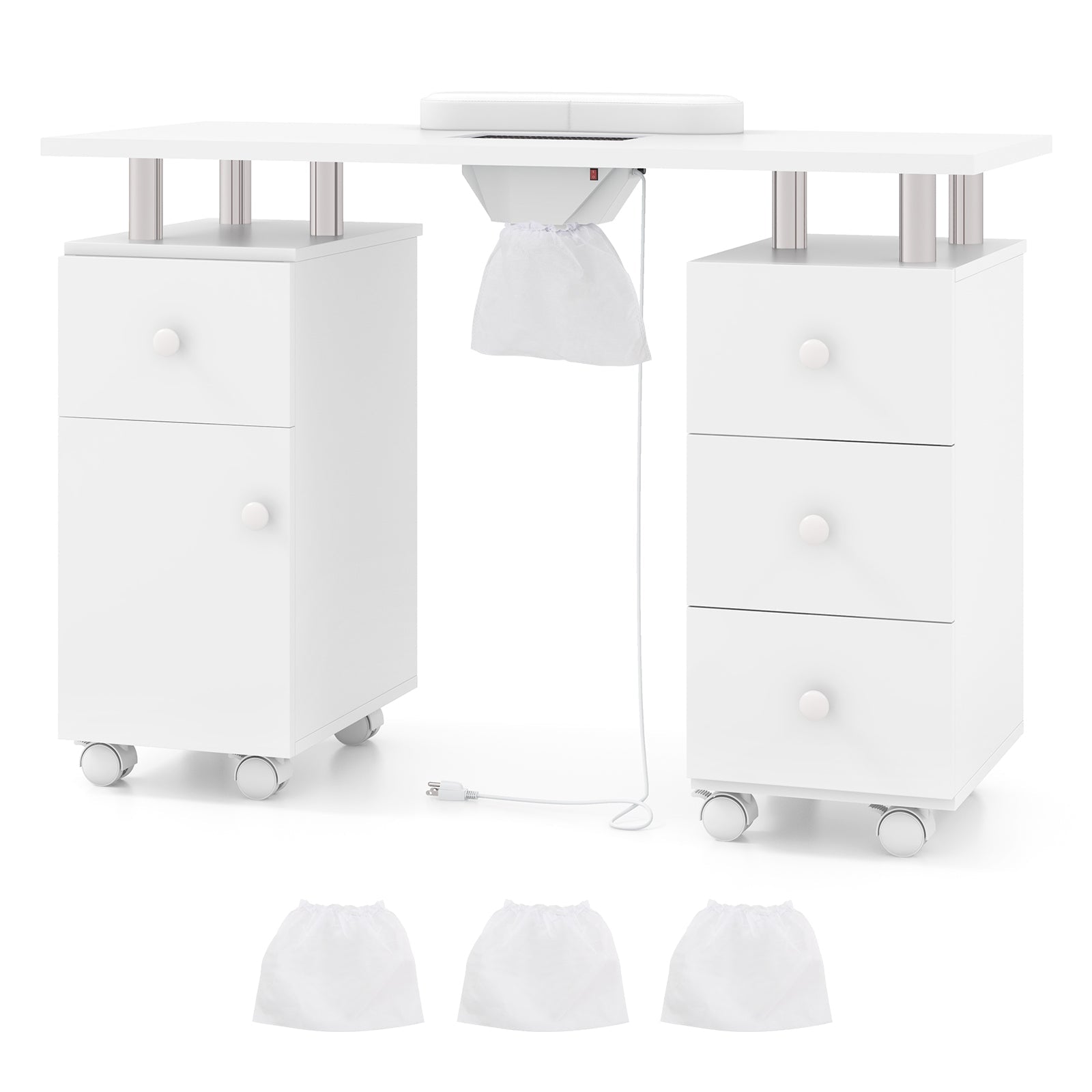 Manicure Table Nail Desk with Electric Dust Collector and 3 Dust Bags-White