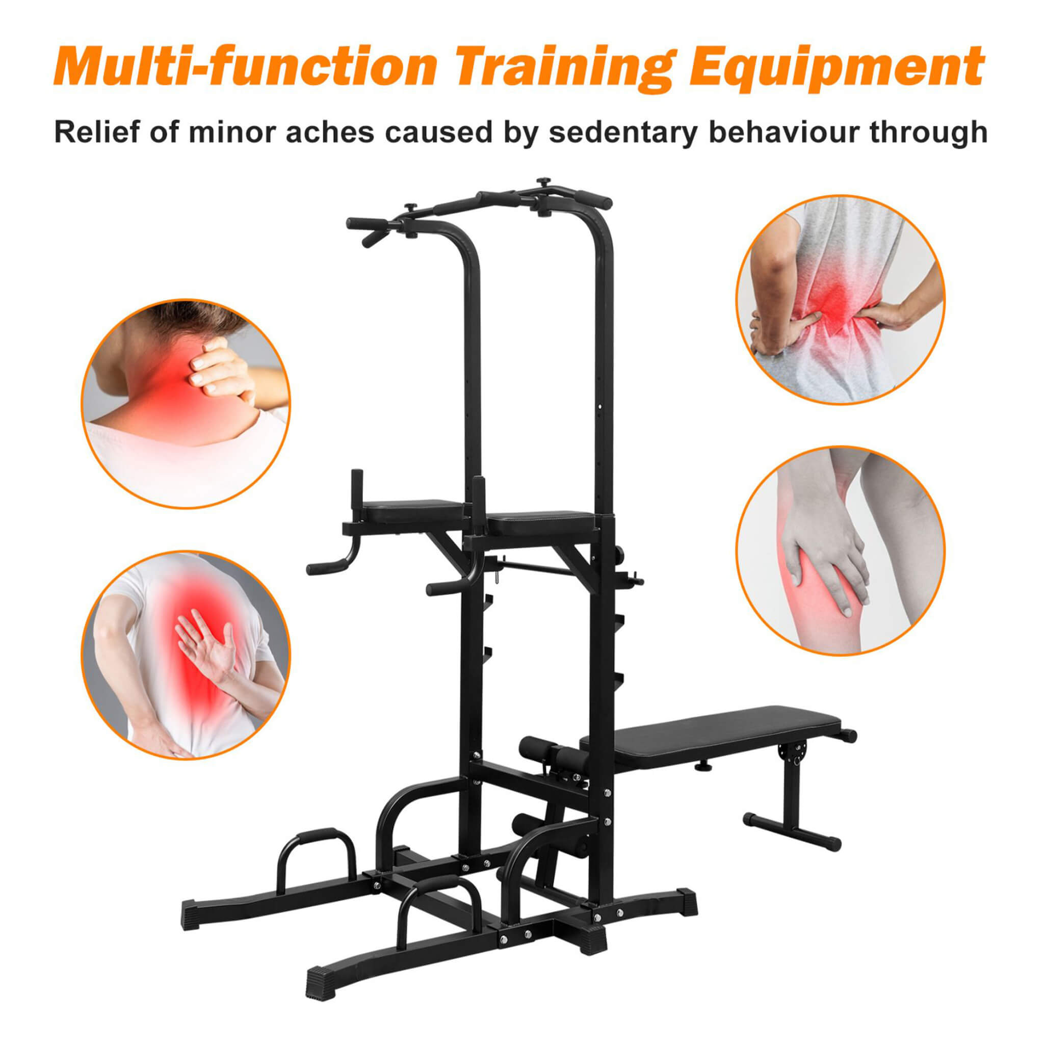 Rovix Power Tower Heavy-Duty Multi-Functional Dip Station With Bench, Pull Up Bar, And Adjustable Height For Home Gyms (SAK64327)