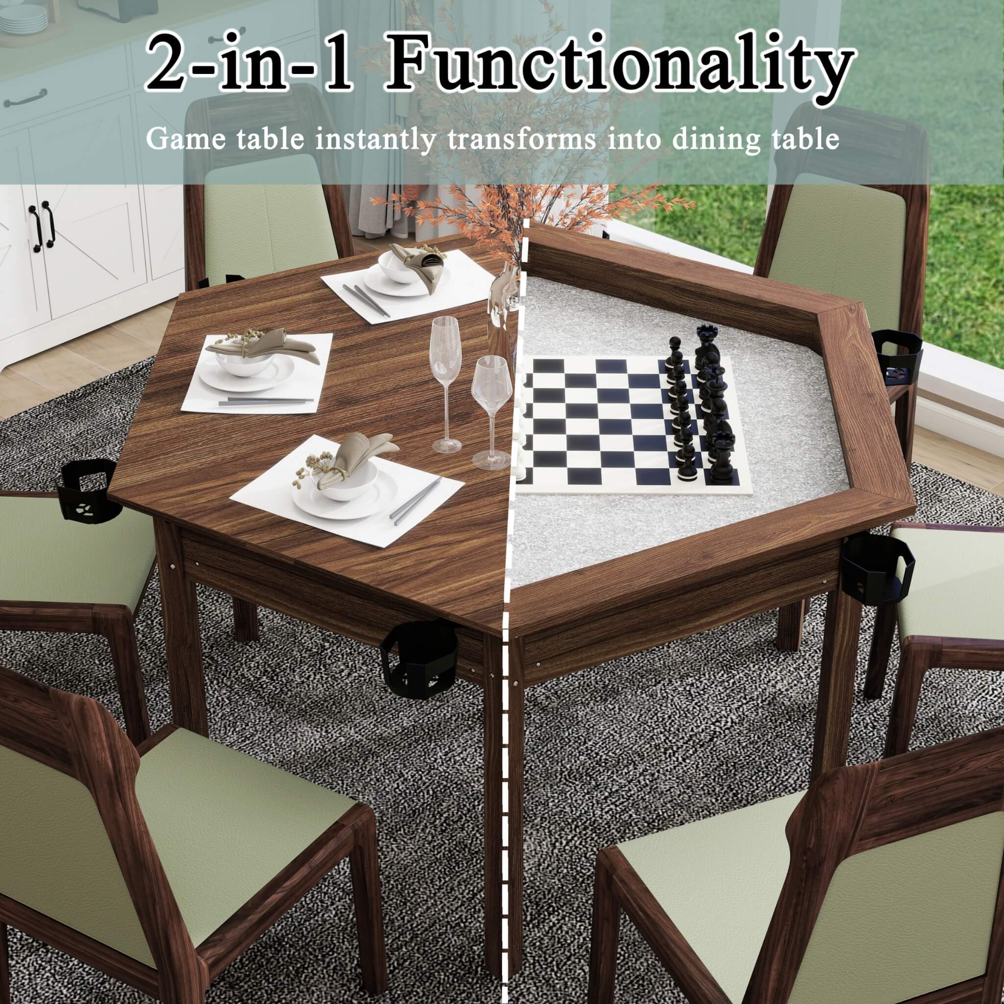 Premium 6-Person Hexagon Game And Dining Table With Top, Mat And Cup Holders (SAK67845)
