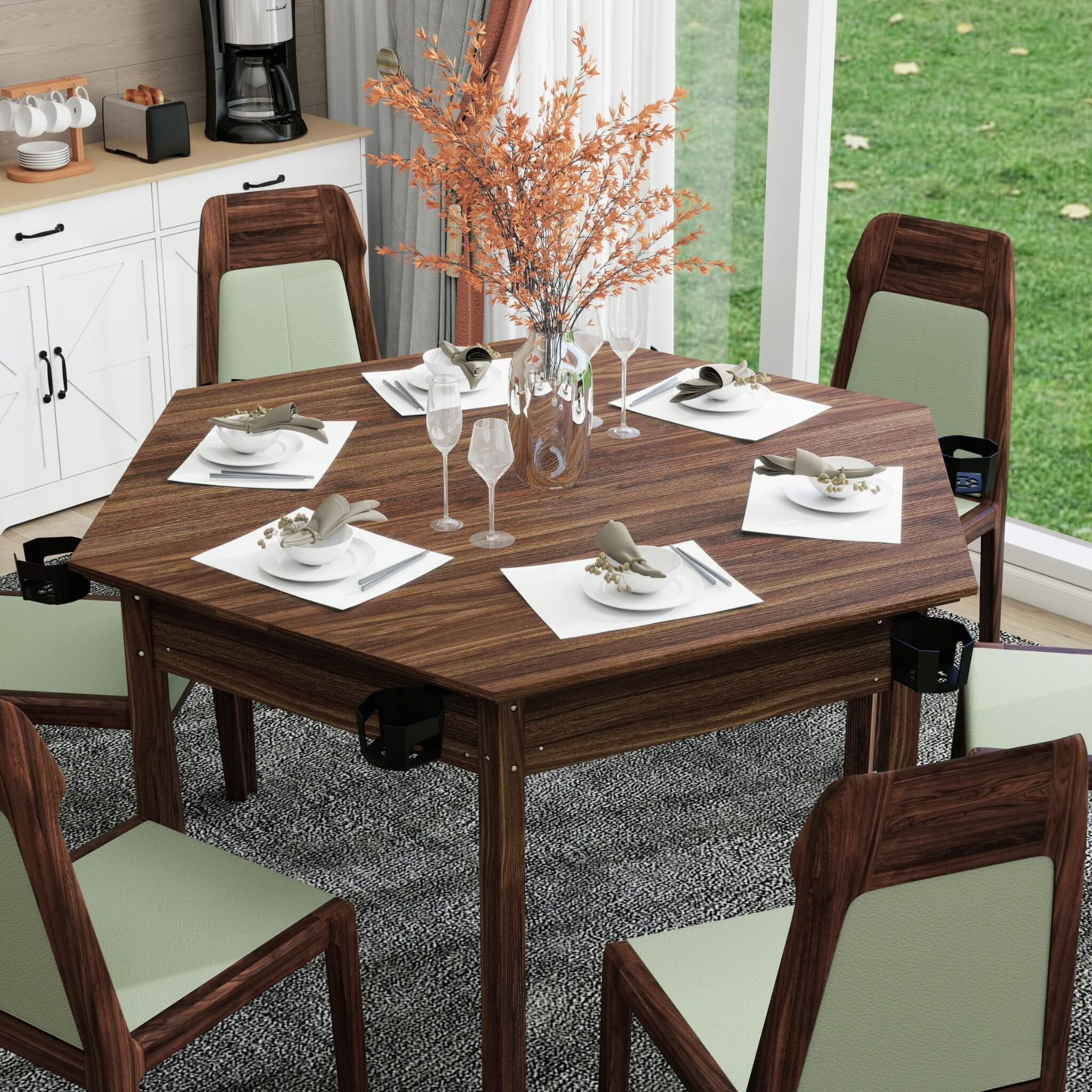 Premium 6-Person Hexagon Game And Dining Table With Top, Mat And Cup Holders (SAK67845)