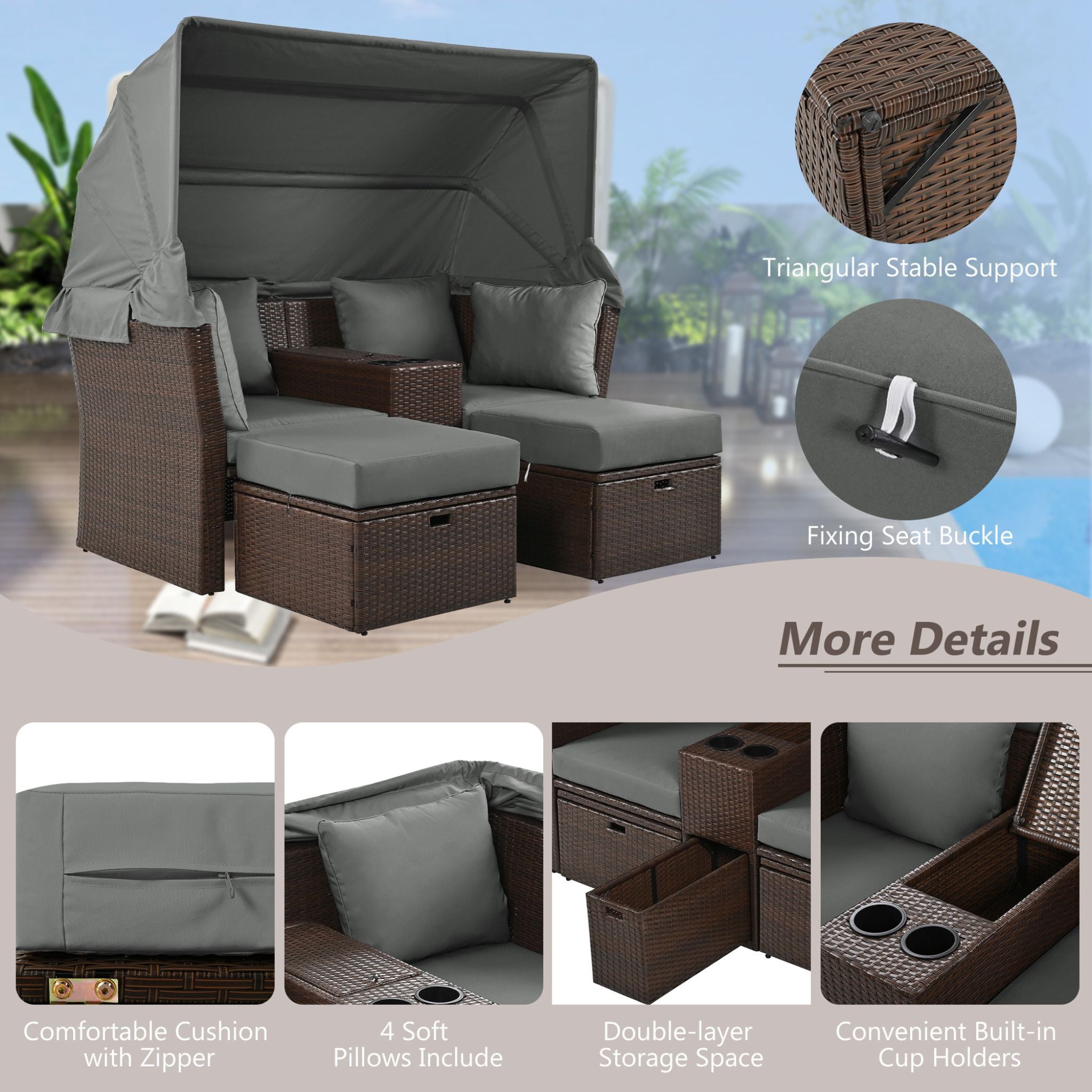 Alora Premium Outdoor 2-Seater Patio Daybed With Foldable Awning, Cushions, And Rattan Frame (SAK90233)